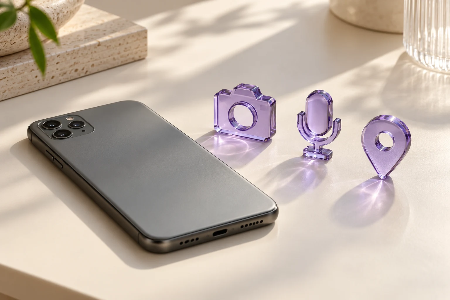 Teléfono genérico junto a símbolos de cámara, micrófono y ubicación realizados en cristal violeta.