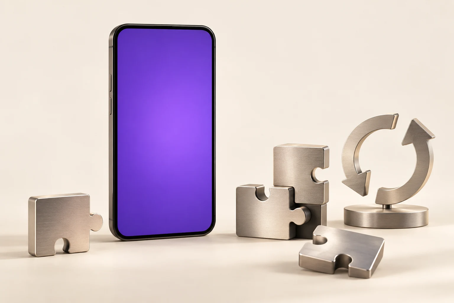 Teléfono sin marca con piezas modulares y una flecha circular; no muestra un proceso real de actualización.
