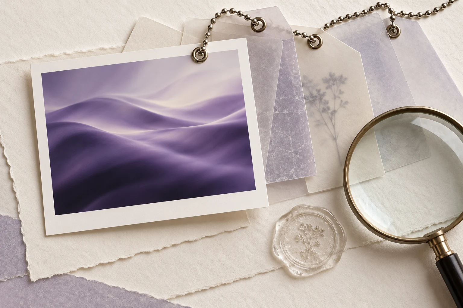 Fotografía abstracta y etiquetas archivísticas conectadas, sin certificación ni sello oficial.