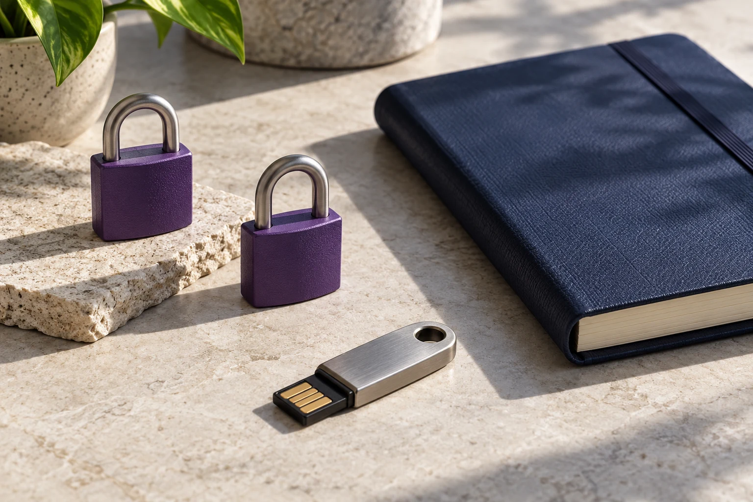 Dos candados violetas, llave de seguridad genérica y cuaderno cerrado sobre una mesa.