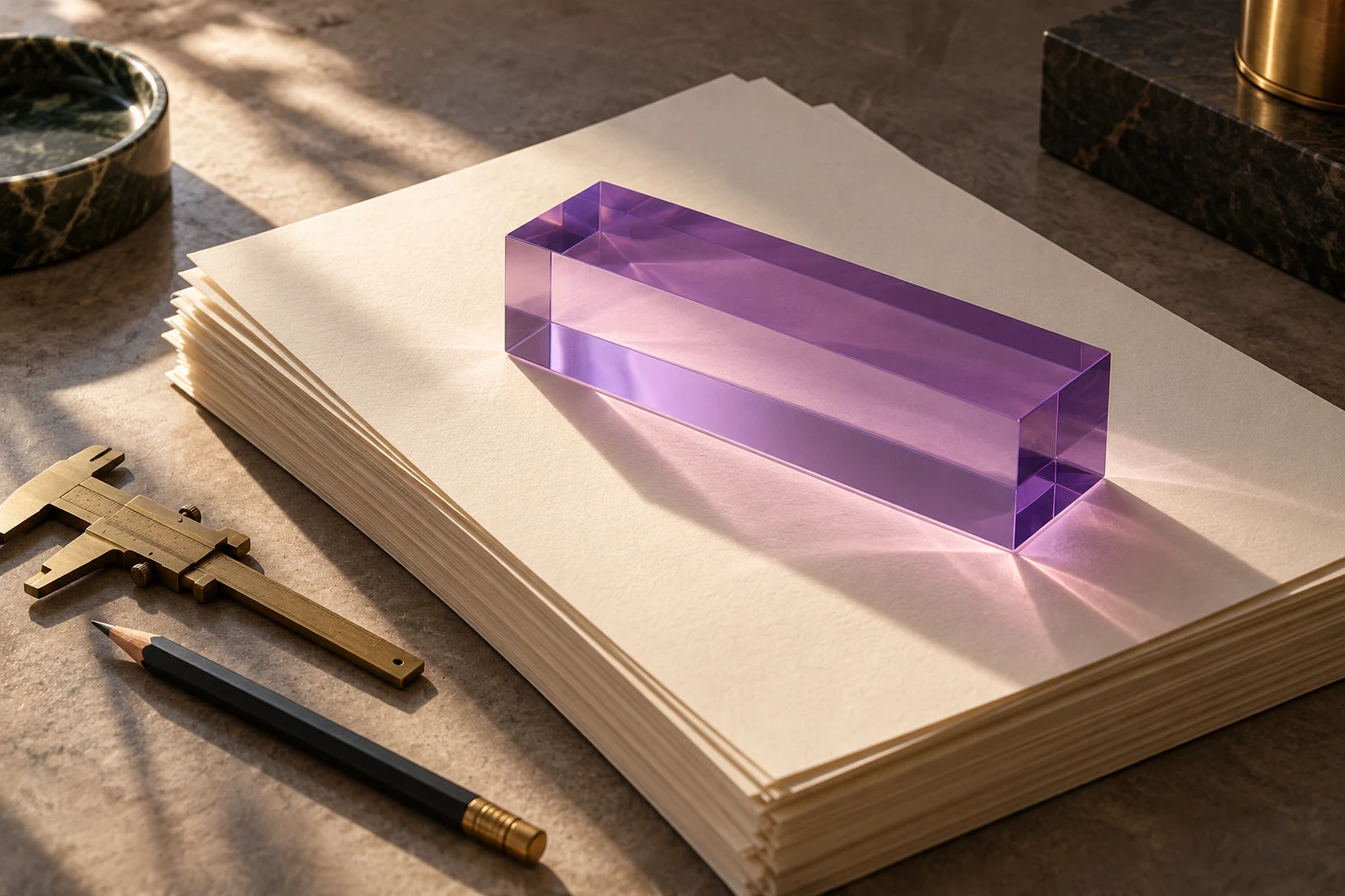 Hojas sin texto bajo un prisma violeta, con instrumentos de precisión como metáfora de revisión técnica.