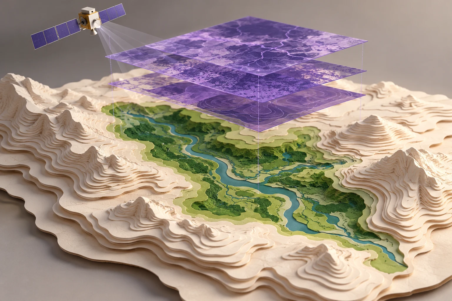 Maqueta de relieve y capas cartográficas imaginarias con un satélite en miniatura.