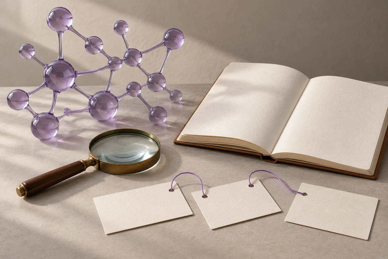 Red de cristal, cuaderno vacío y fichas conectadas como representación conceptual de la comprobación de fuentes.