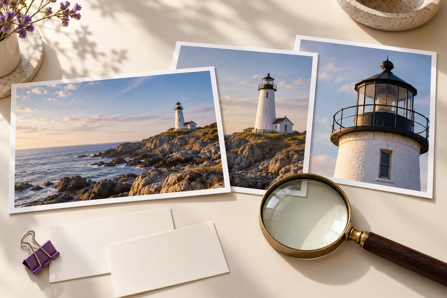 Tres imágenes sintéticas de un faro con distintos encuadres, una lupa y tarjetas sin fecha.