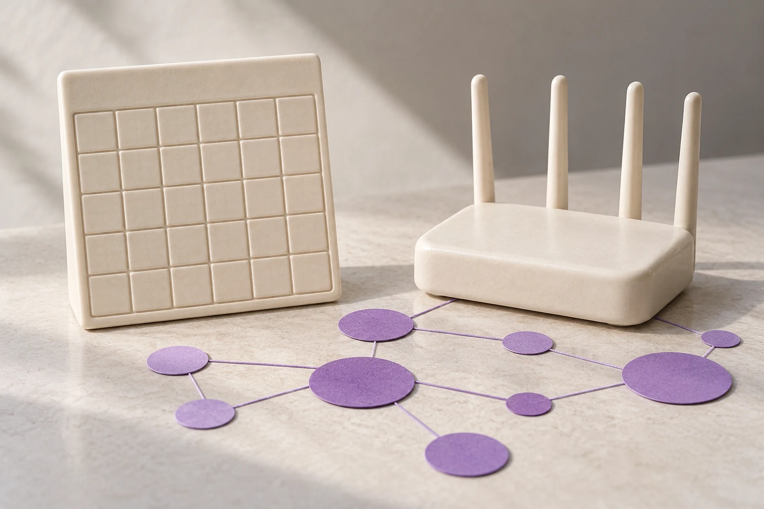 Calendario sin fechas junto a un router cerámico y conexiones de papel; sin escala estadística.