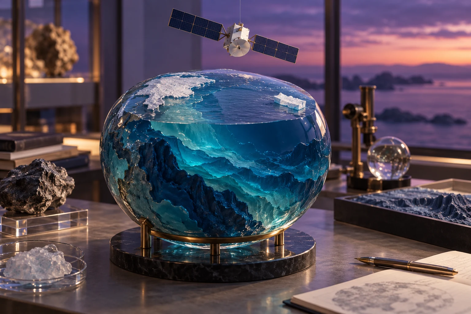 Modelo conceptual de un globo oceánico y un satélite; no es una imagen satelital ni un mapa de datos.