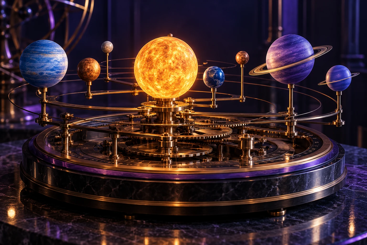 Maqueta artística de una estrella y varias esferas planetarias; no reproduce un sistema descubierto.