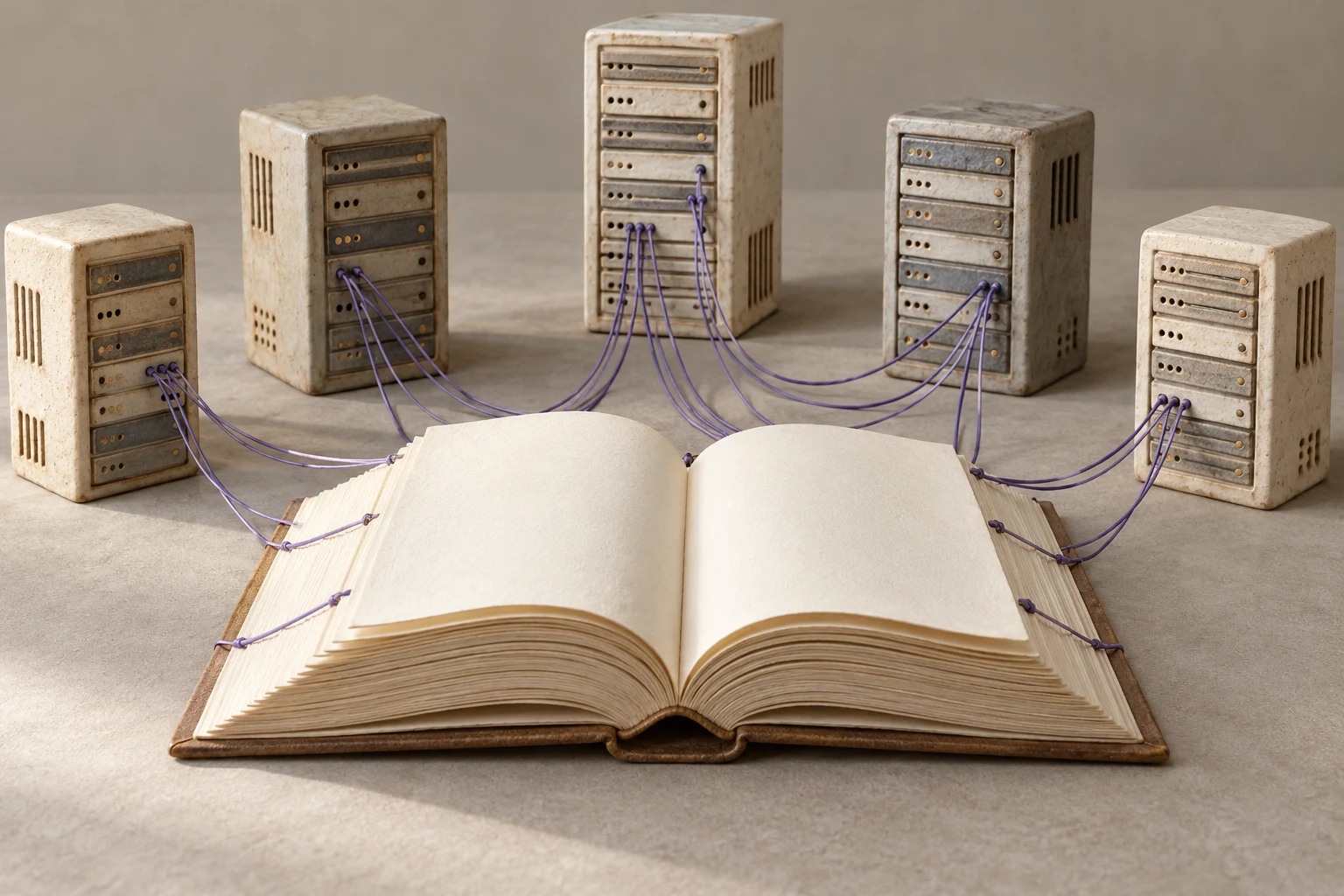 Libro abierto sin texto conectado a miniaturas de servidores; representación conceptual de infraestructura.