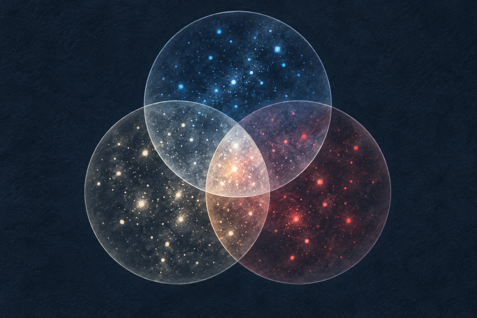 Tres círculos superpuestos con puntos de colores, concepto de observaciones combinadas; no son datos de Chandra.