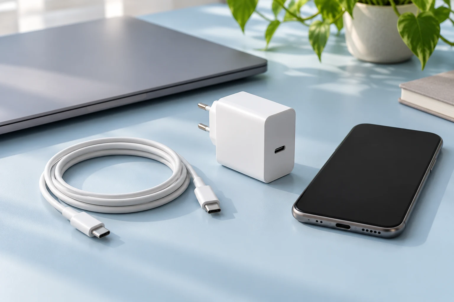 Cable USB-C, adaptador y dispositivos genéricos sin marca ni especificaciones; no es una prueba de velocidad de carga.