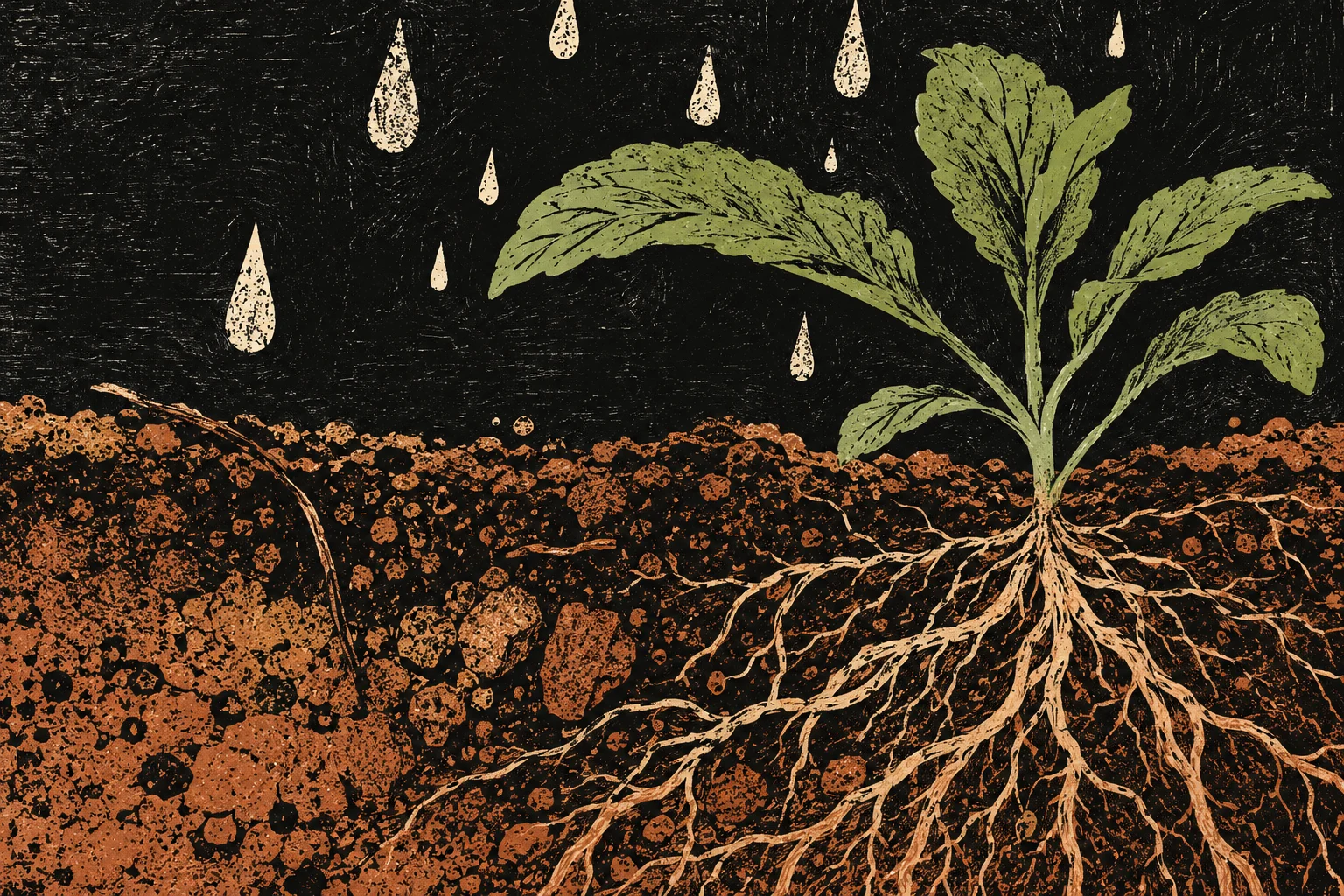 Grabado botánico de una planta ficticia, raíces, suelo y gotas; no reproduce un mapa, un cultivo observado ni datos medidos de sequía.