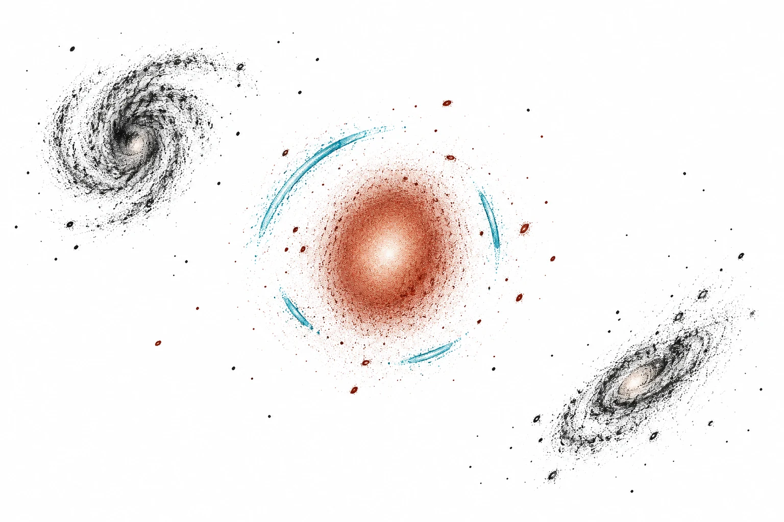 A conceptual ink drawing of galaxies and arcs; it contains no Euclid images, positions or measurements.