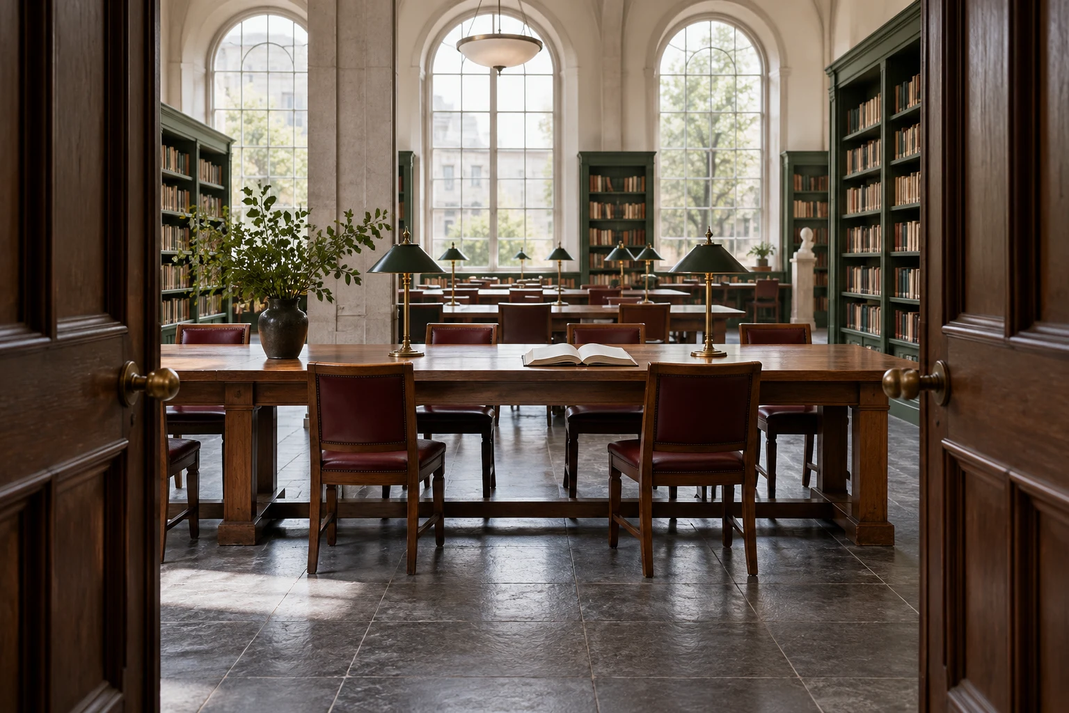 Biblioteca ficticia abierta a varios lectores, generada con IA; metáfora de acceso compartido, sin mostrar la interfaz ni una cuenta real de Gemini.