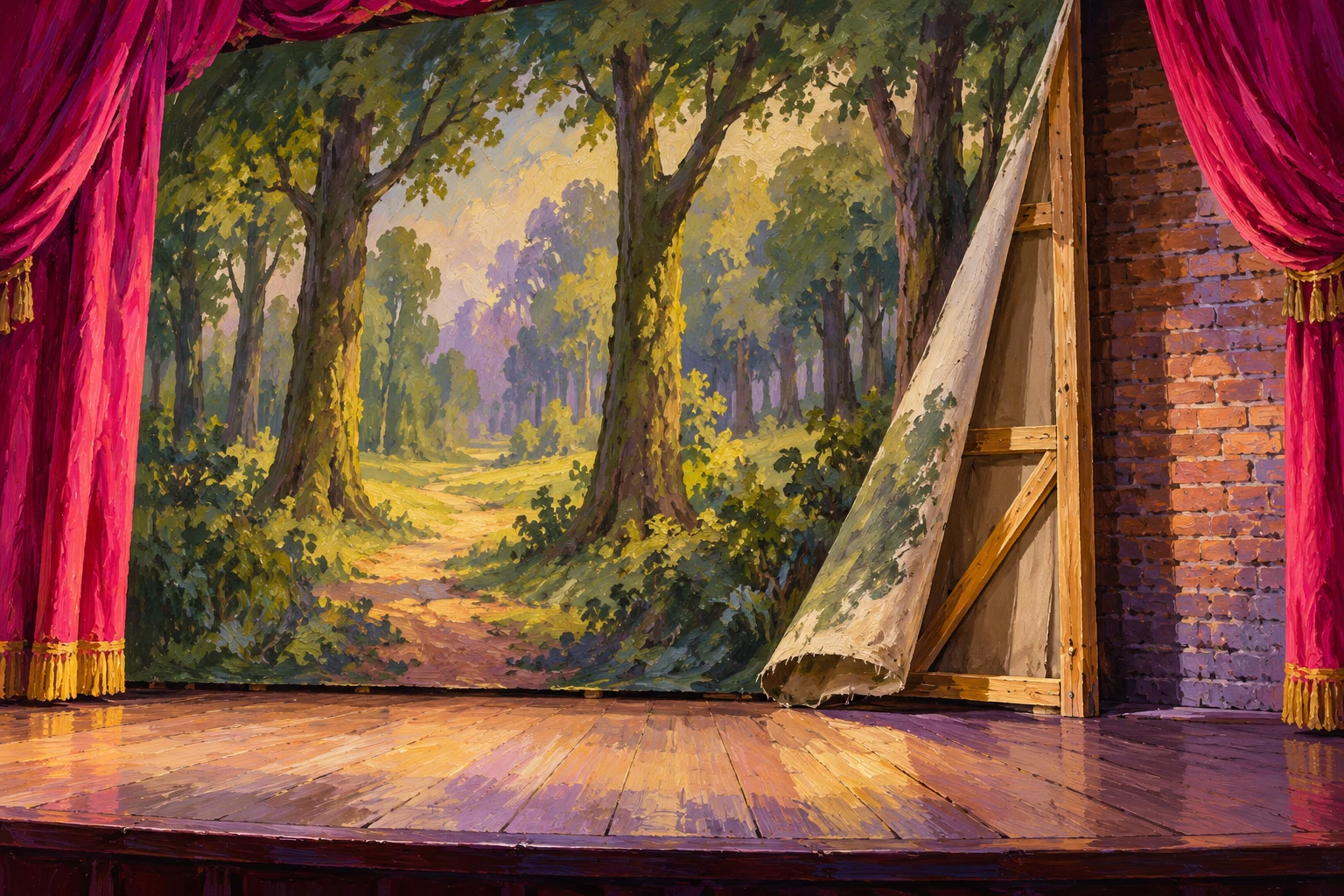 Óleo de un escenario ficticio con un bosque pintado y su soporte visible; metáfora del contexto de una imagen, sin mostrar una grabación real.
