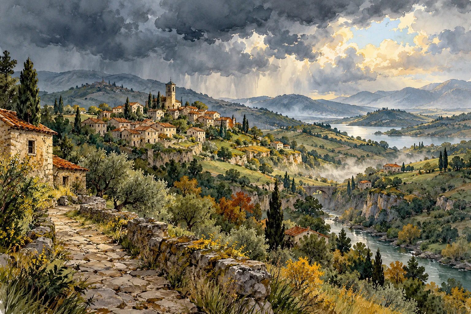 Paisaje y nubes de lluvia de un pueblo inventado; ilustración IA, no mapa meteorológico.