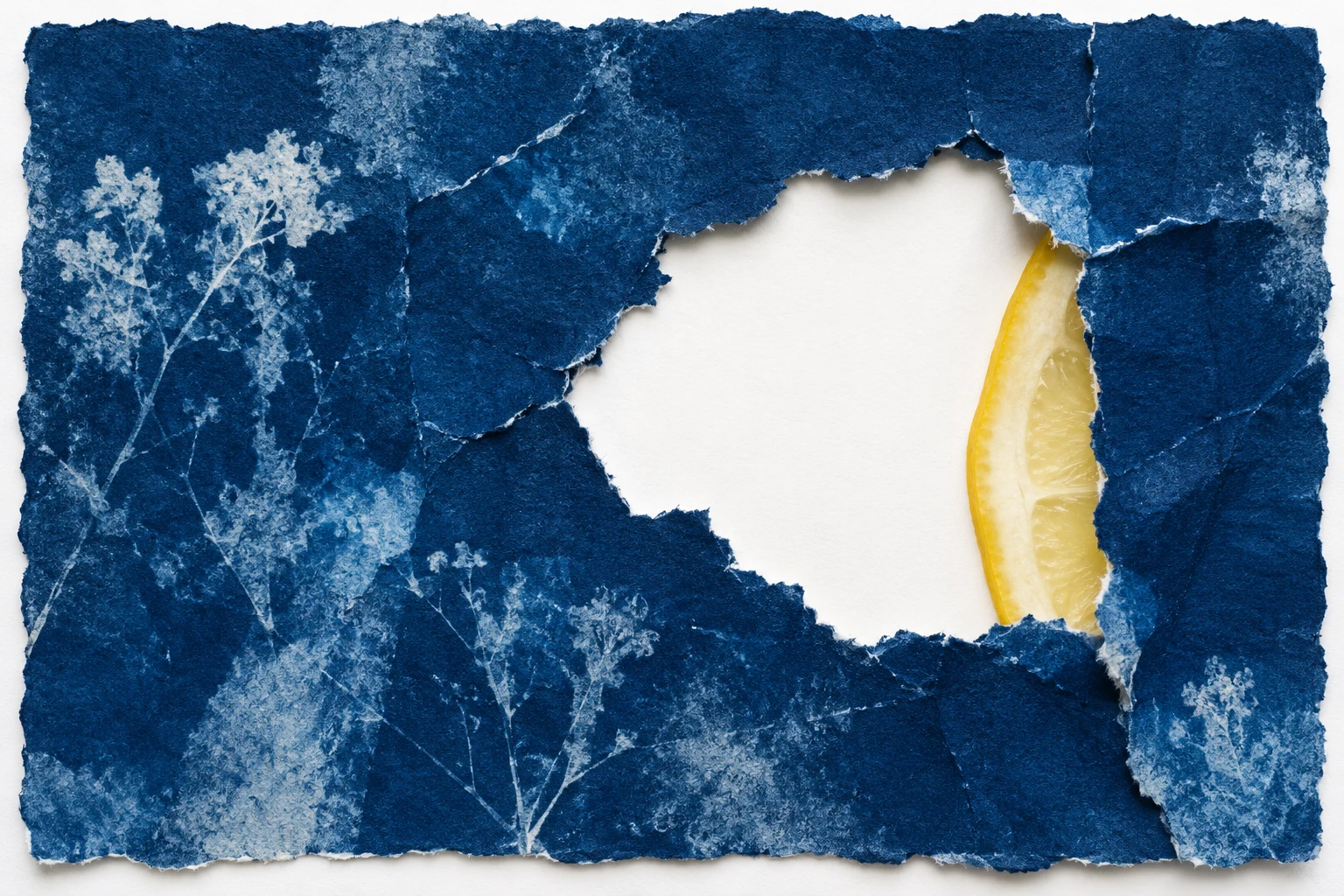 Collage azul con un hueco irregular de papel, ilustración IA sobre registros incompletos.
