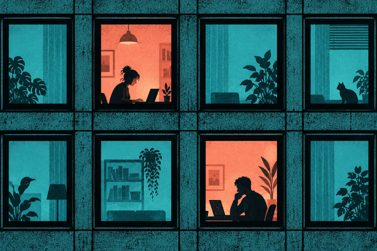 Ilustración IA de ventanas y compartimentos en una fachada inventada; no muestra Firefox, cuentas reales ni un resultado de privacidad probado.