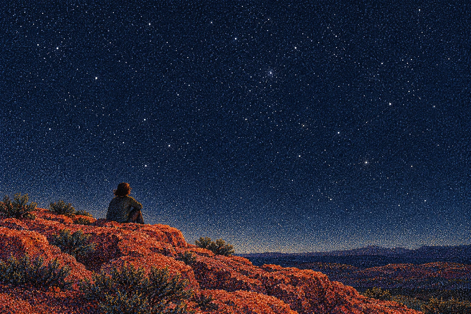 Paisaje nocturno y observador imaginarios; ilustración IA, sin datos de Gaia, constelaciones identificadas ni una observación astronómica real.