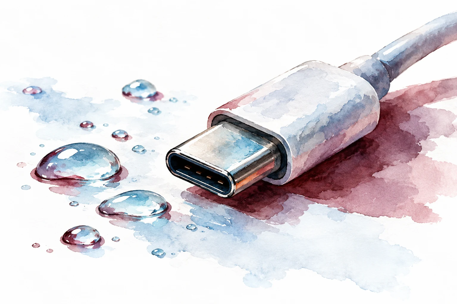 Cable USB-C desconectado junto a gotas conceptuales en acuarela IA; no muestra una reparación, carga o producto Apple reales.