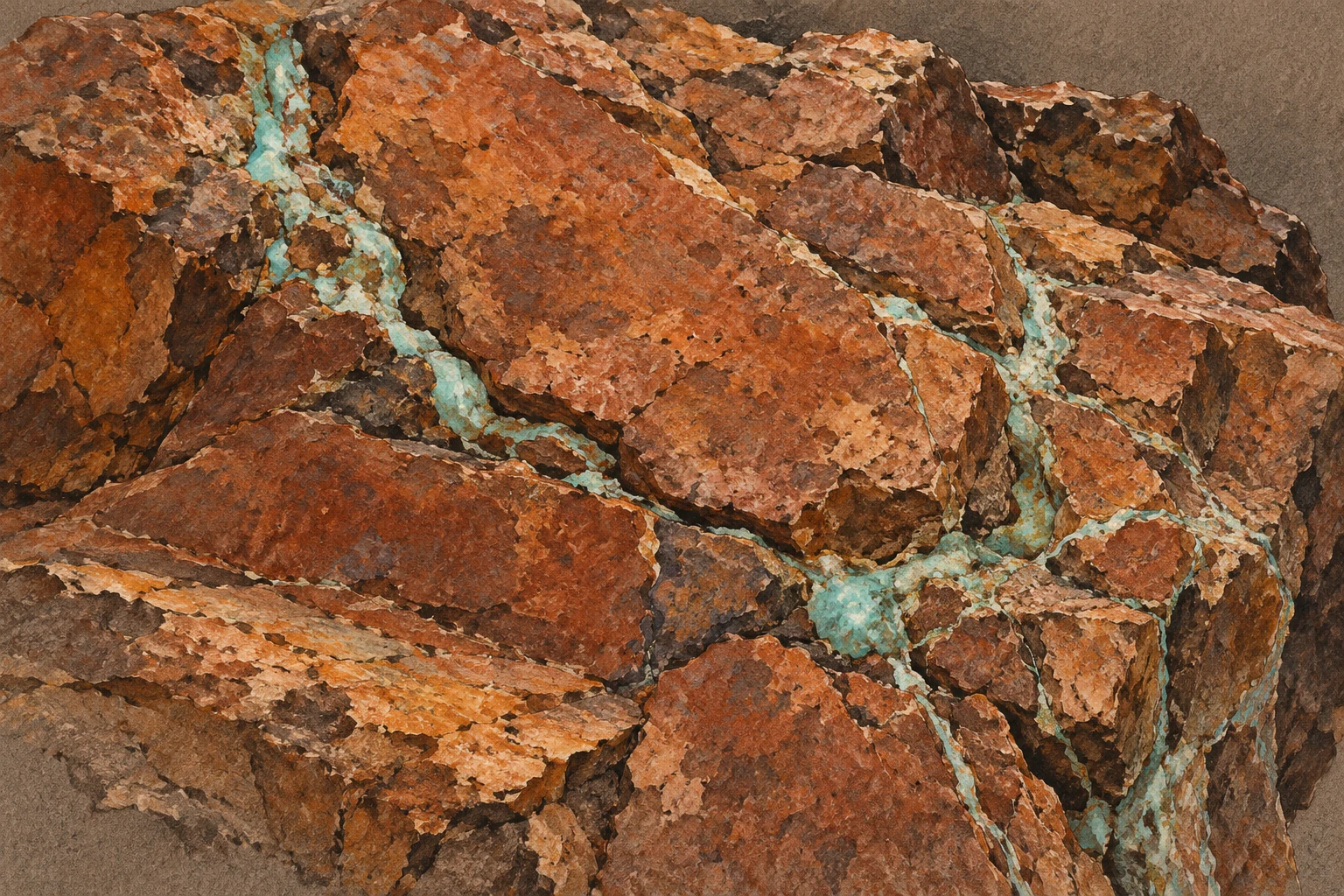 Roca fracturada imaginaria con vetas de colores en un dibujo de tinta y gouache; ilustración IA, no muestra de Marte, imagen de Perseverance ni prueba de agua o vida.