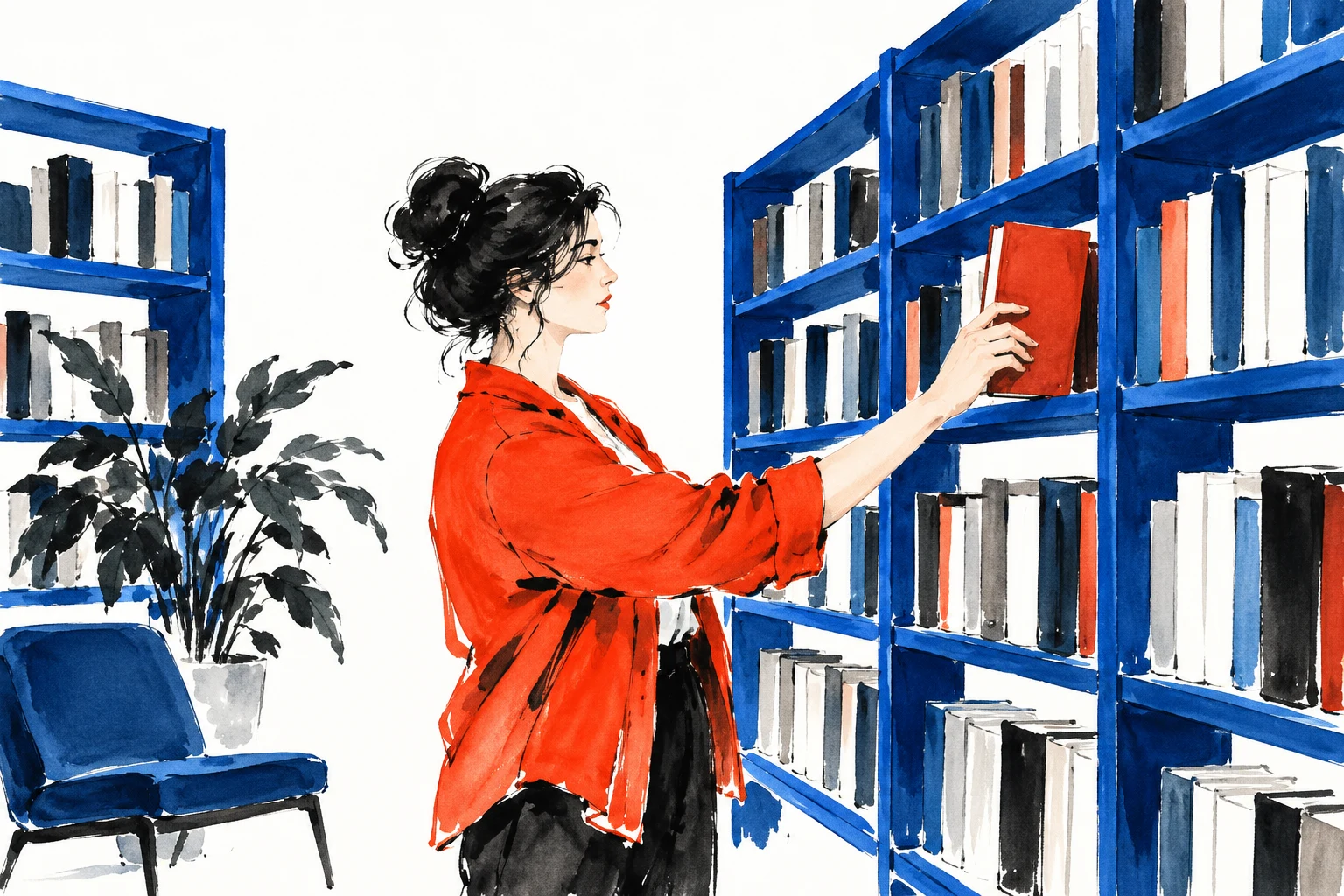 Bibliotecaria y estantería ficticias creadas con IA; metáfora de fuentes, sin archivos privados ni interfaz real.