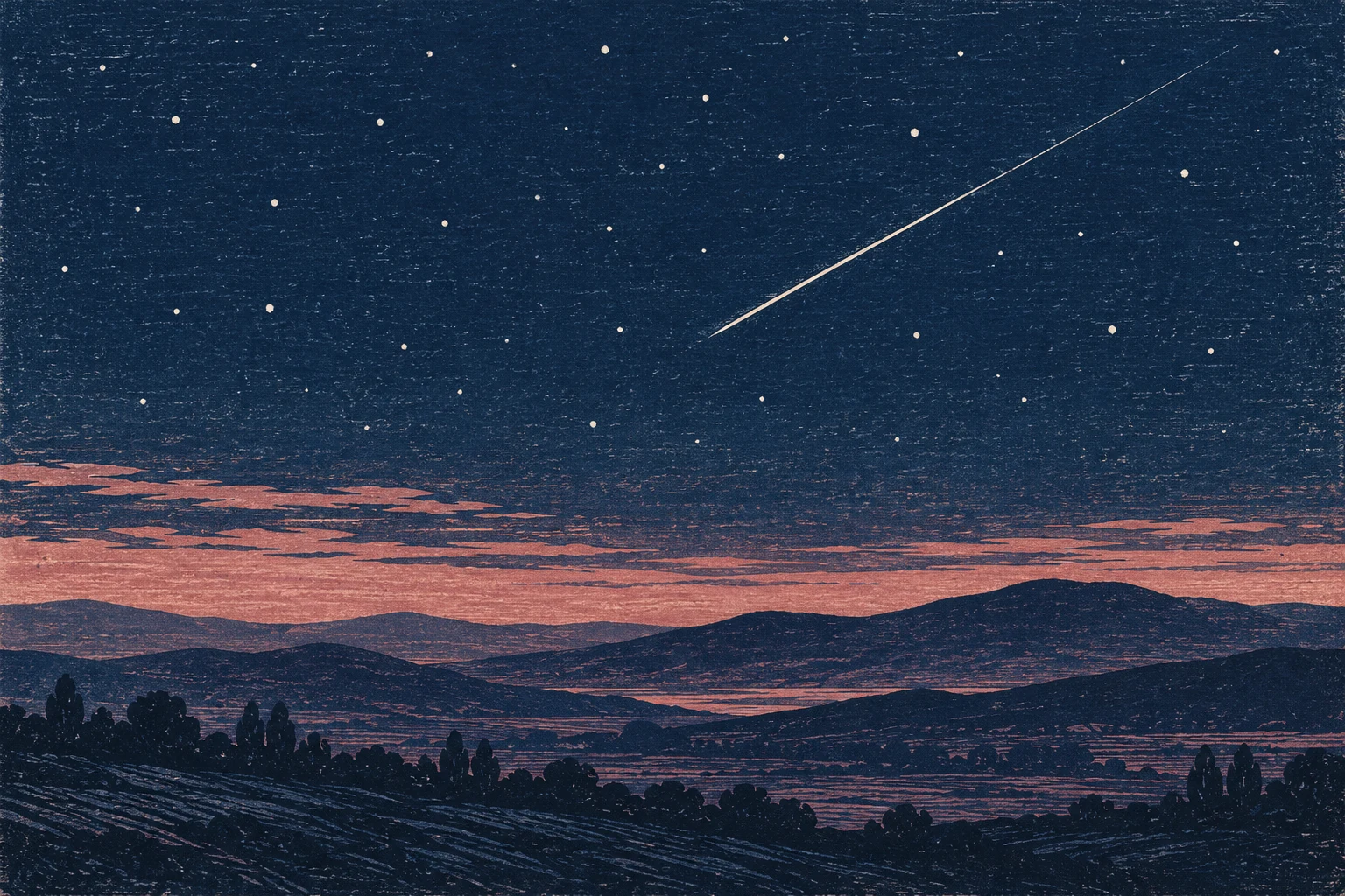 Horizonte nocturno imaginado con un trazo luminoso, grabado IA sin fotografía ni mapa de las oriónidas.