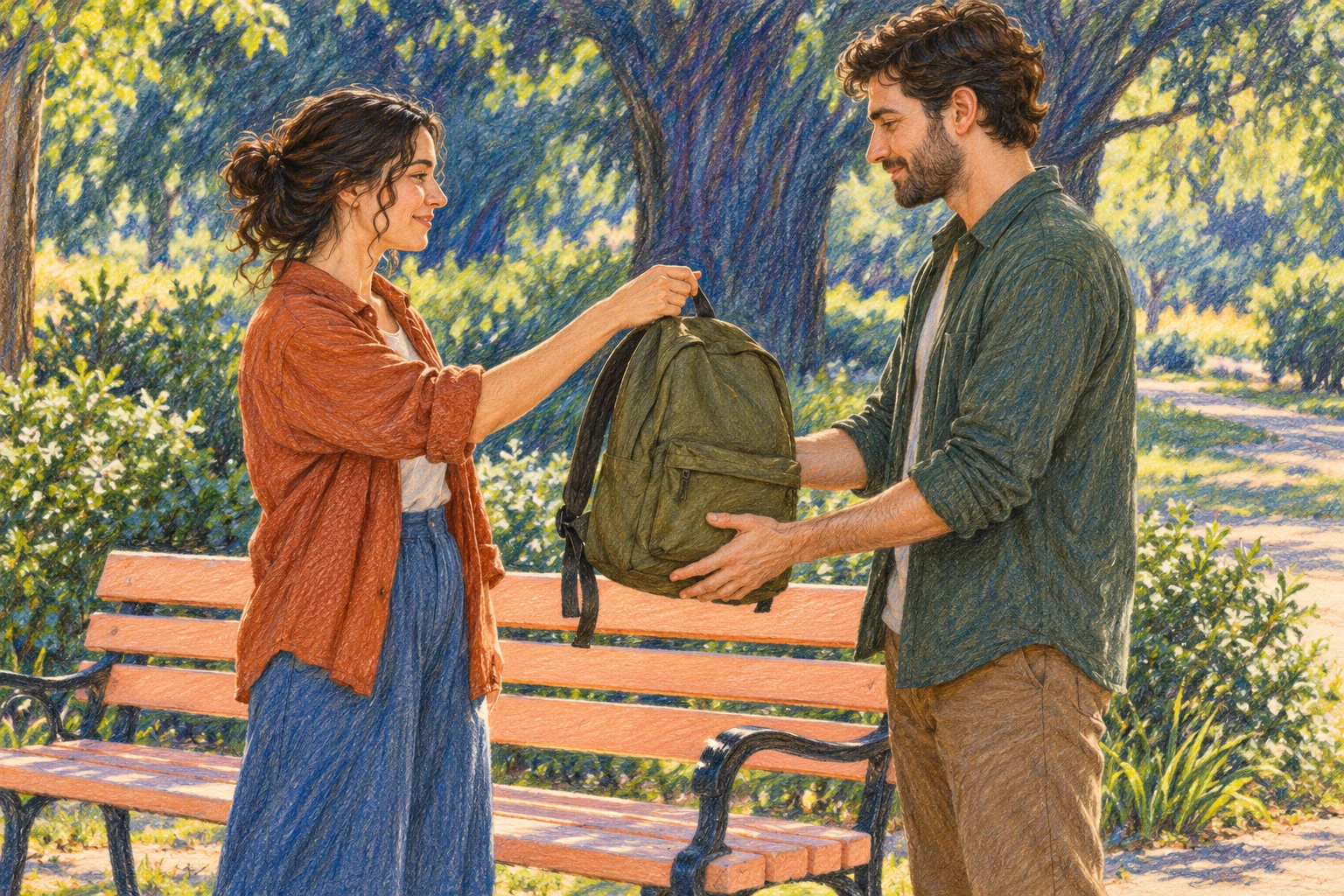 Dos adultos ficticios intercambian una mochila, dibujo IA sin personas rastreadas ni accesorio probado.