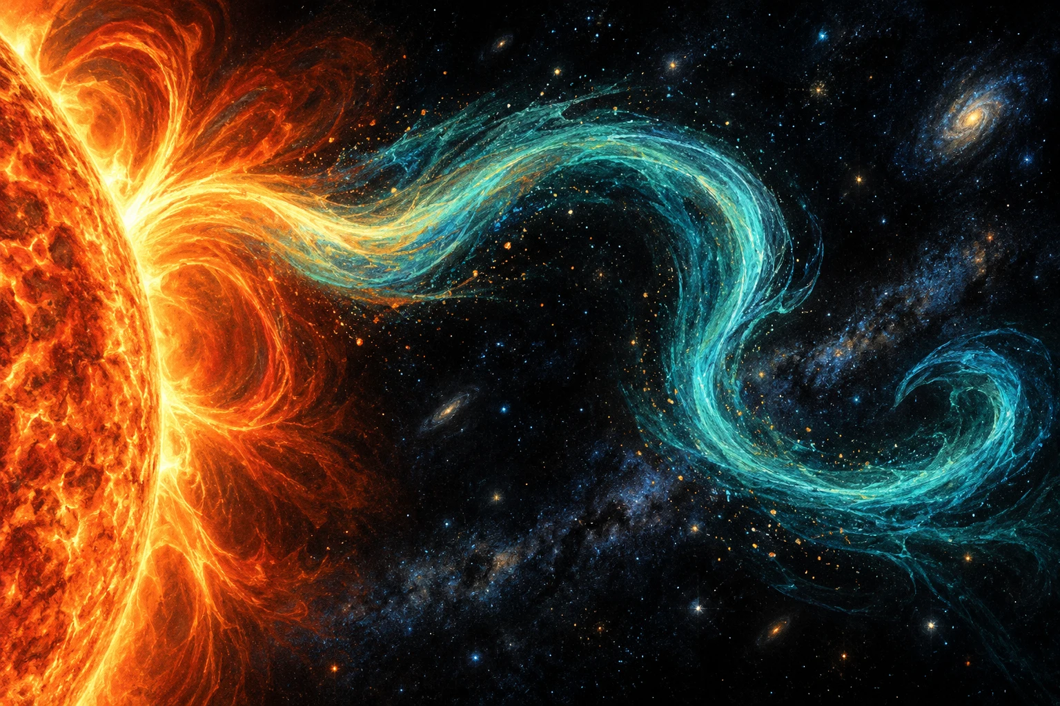 Ilustración IA conceptual de una curva magnética solar; no es una fotografía, simulación, observación de Solar Orbiter ni predicción de tormenta.