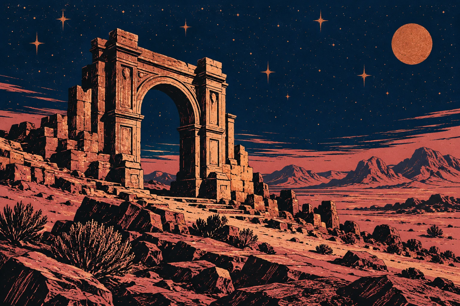 Arco completamente imaginario en grabado IA; no representa un bien inscrito ni candidato de UNESCO.