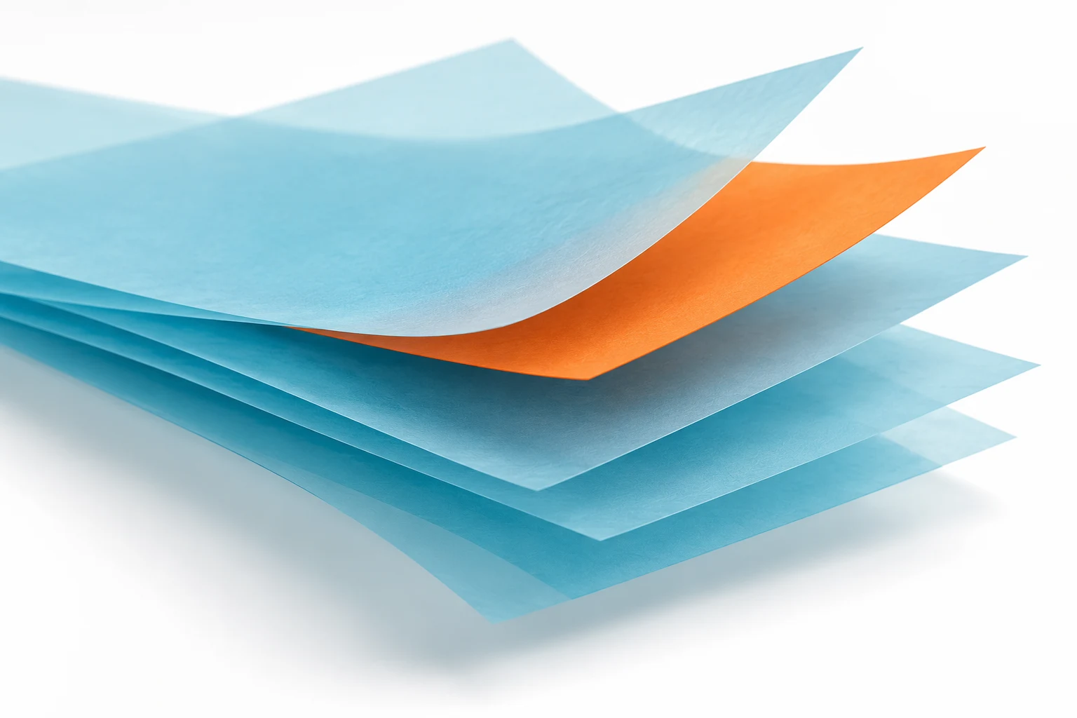 Capas transparentes de papel con una sola capa destacada; metáfora IA de versiones, sin texto de Wikipedia ni interfaz real.