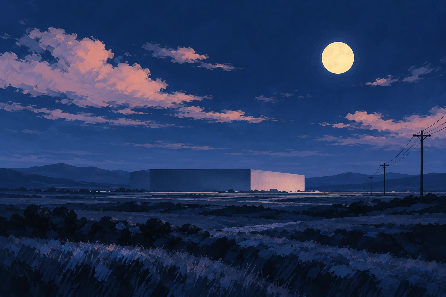 Ilustración IA de infraestructura digital ficticia en un paisaje nocturno; no muestra centros reales, conexiones ni capacidad medida.