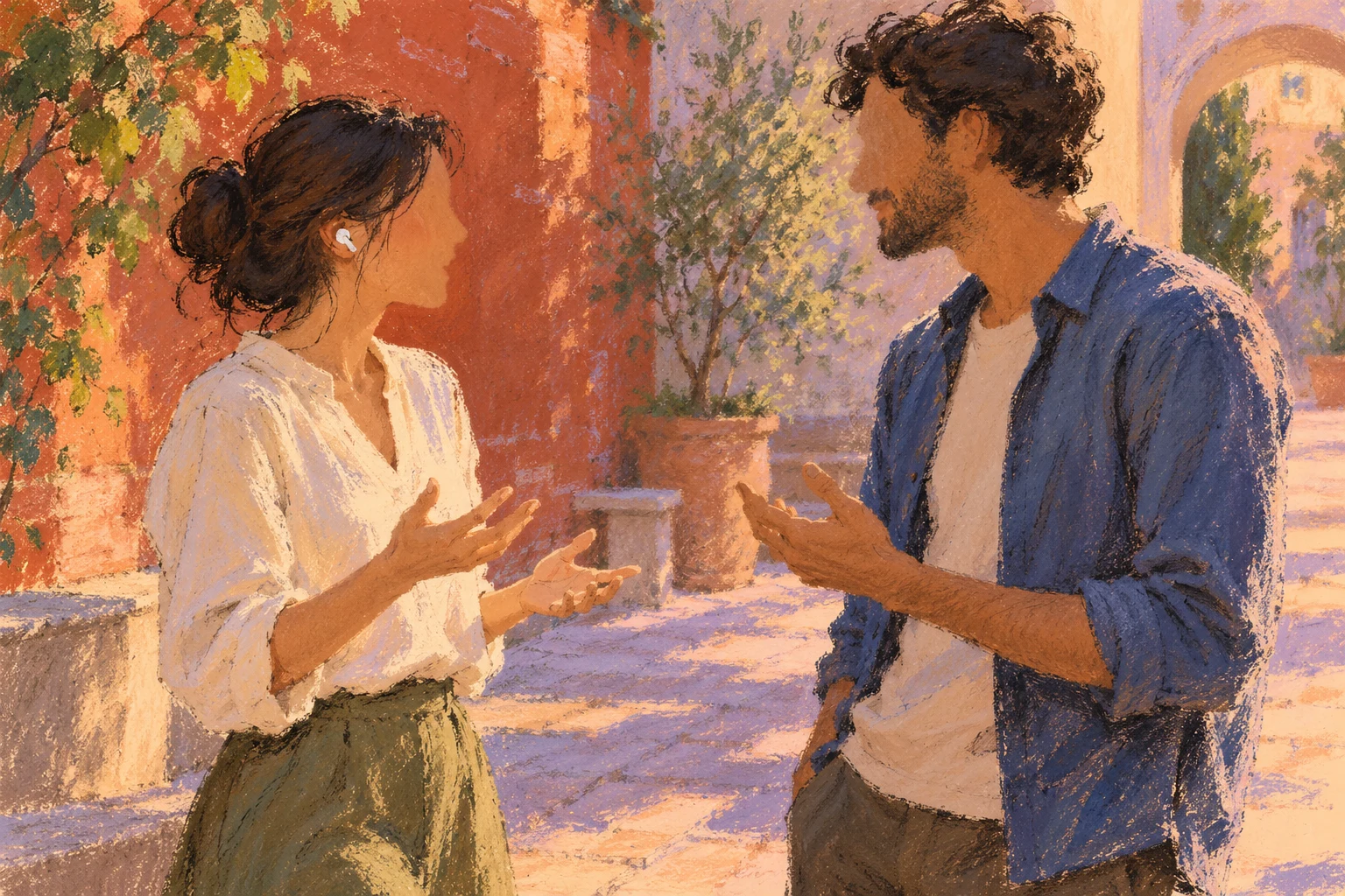 Ilustración IA de dos personas ficticias conversando con un auricular genérico; no muestra una prueba de AirPods ni un resultado real de traducción.