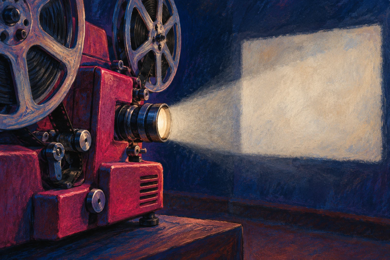Ilustración IA de un proyector de cine imaginario; no muestra estadísticas, una interfaz de YouTube ni espectadores o pruebas reales.