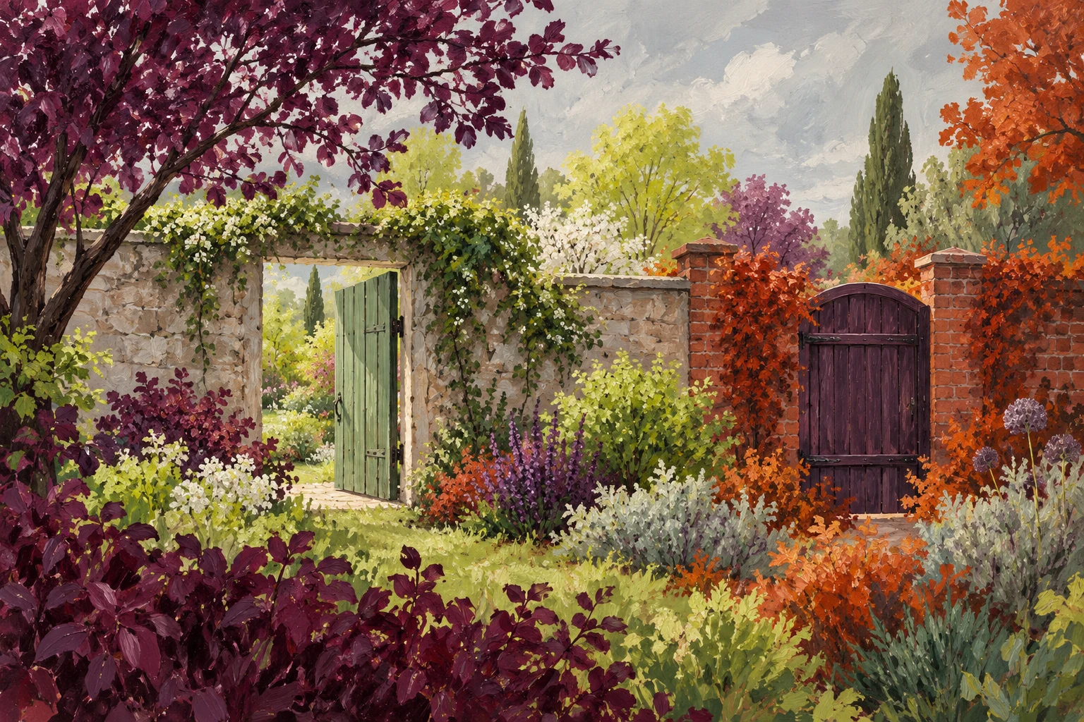 Ilustración IA de dos puertas de jardín imaginarias; metáfora de permisos separados, sin representar una cuenta, una interfaz o una revocación ejecutada.