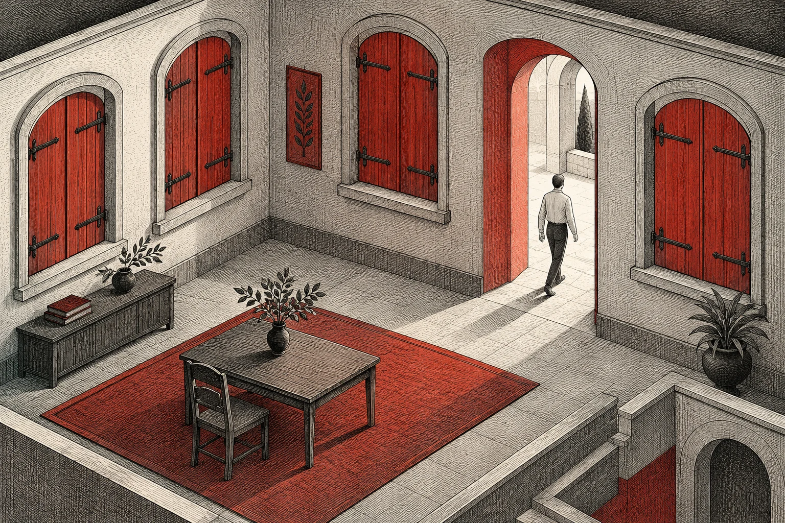 Ilustración IA de una arquitectura imaginaria con cierres y un paso abierto; es una metáfora, no una interfaz ni una prueba de seguridad.