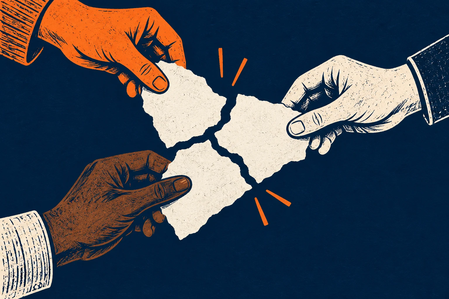 Ilustración IA de manos ficticias reuniendo papeles sin texto; no representa una nota real, una votación ni una afirmación verificada.