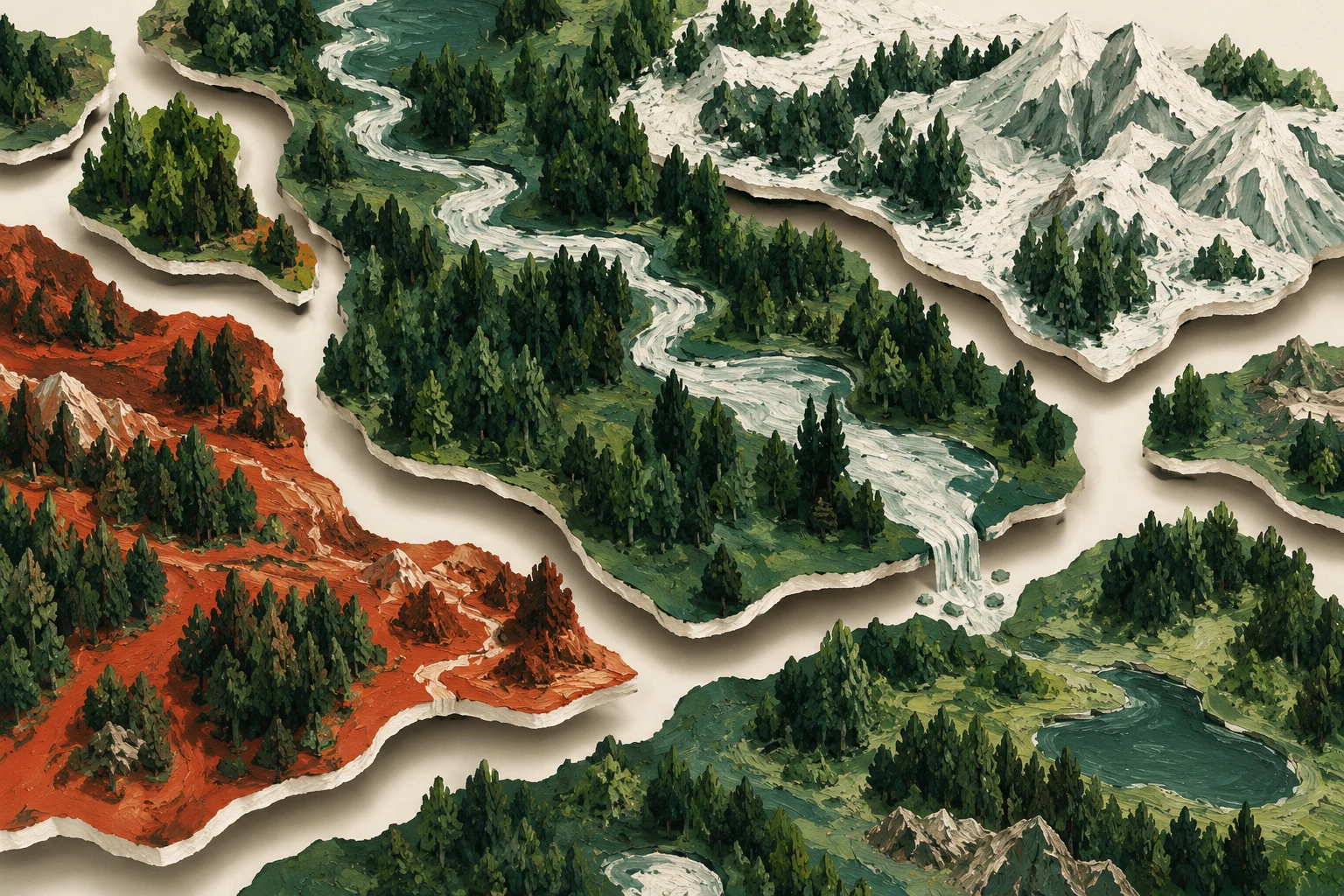 Ilustración IA de un paisaje forestal ficticio y capas geométricas separadas; no representa datos de satélite, un mapa científico ni una incidencia observada.