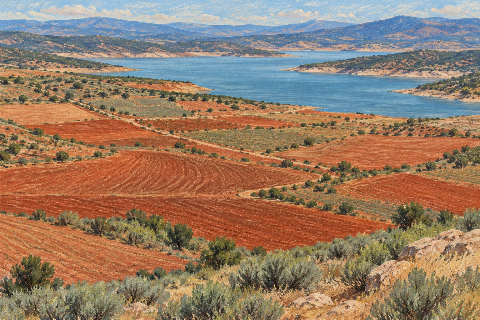 Ilustración IA de campos y un embalse imaginarios; no es una imagen de satélite, un mapa GRACE, una región estudiada ni una reconstrucción de sus resultados.