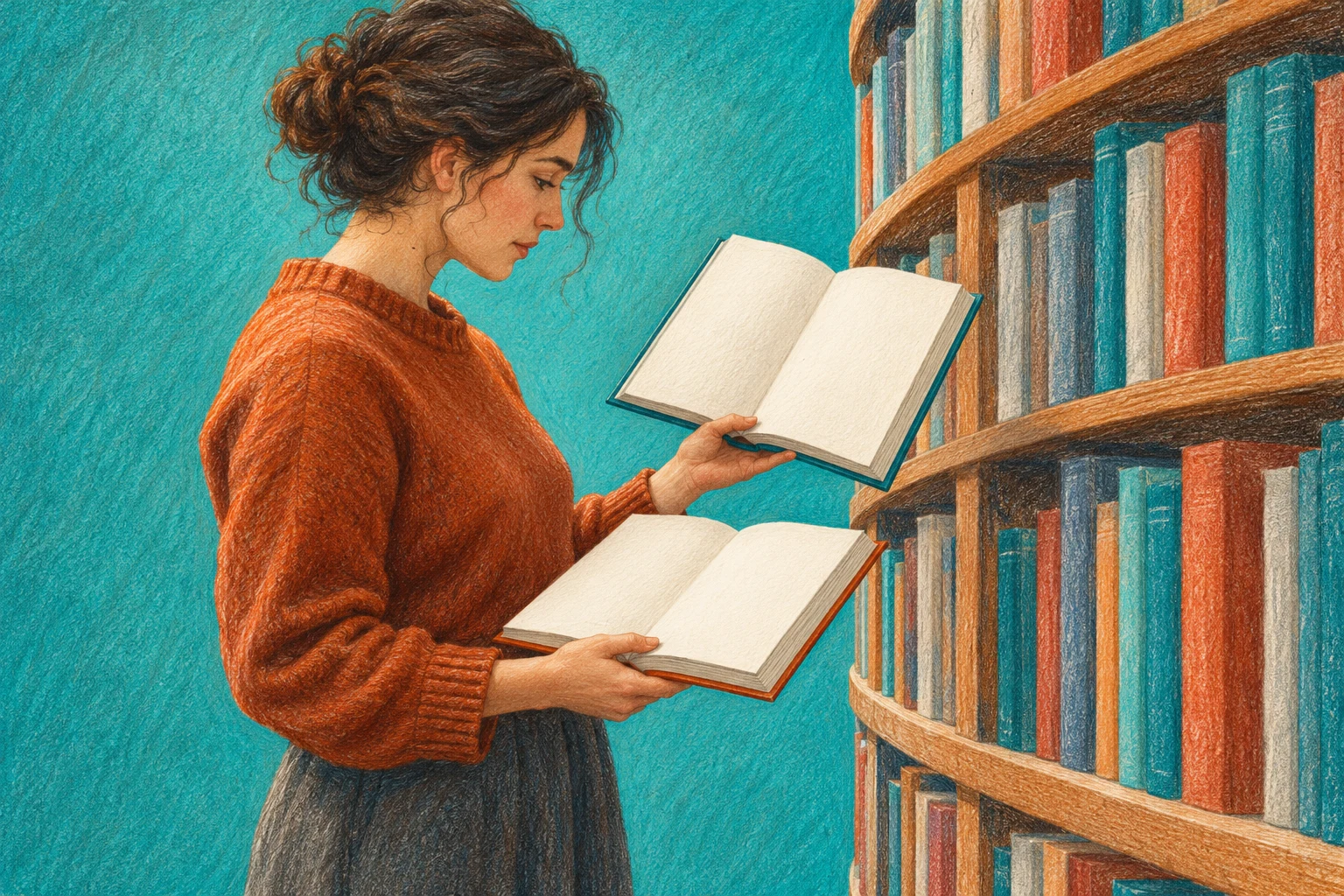 Ilustración IA de una persona ficticia leyendo libros sin texto en una biblioteca imaginaria; no representa investigadores, la NLM ni una evaluación médica.