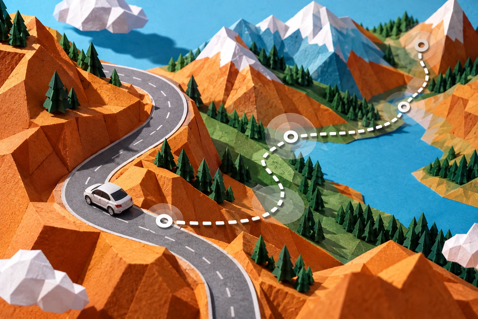 Ilustración IA de una maqueta ficticia con carretera y coche genérico; no es un mapa real ni una prueba de navegación.
