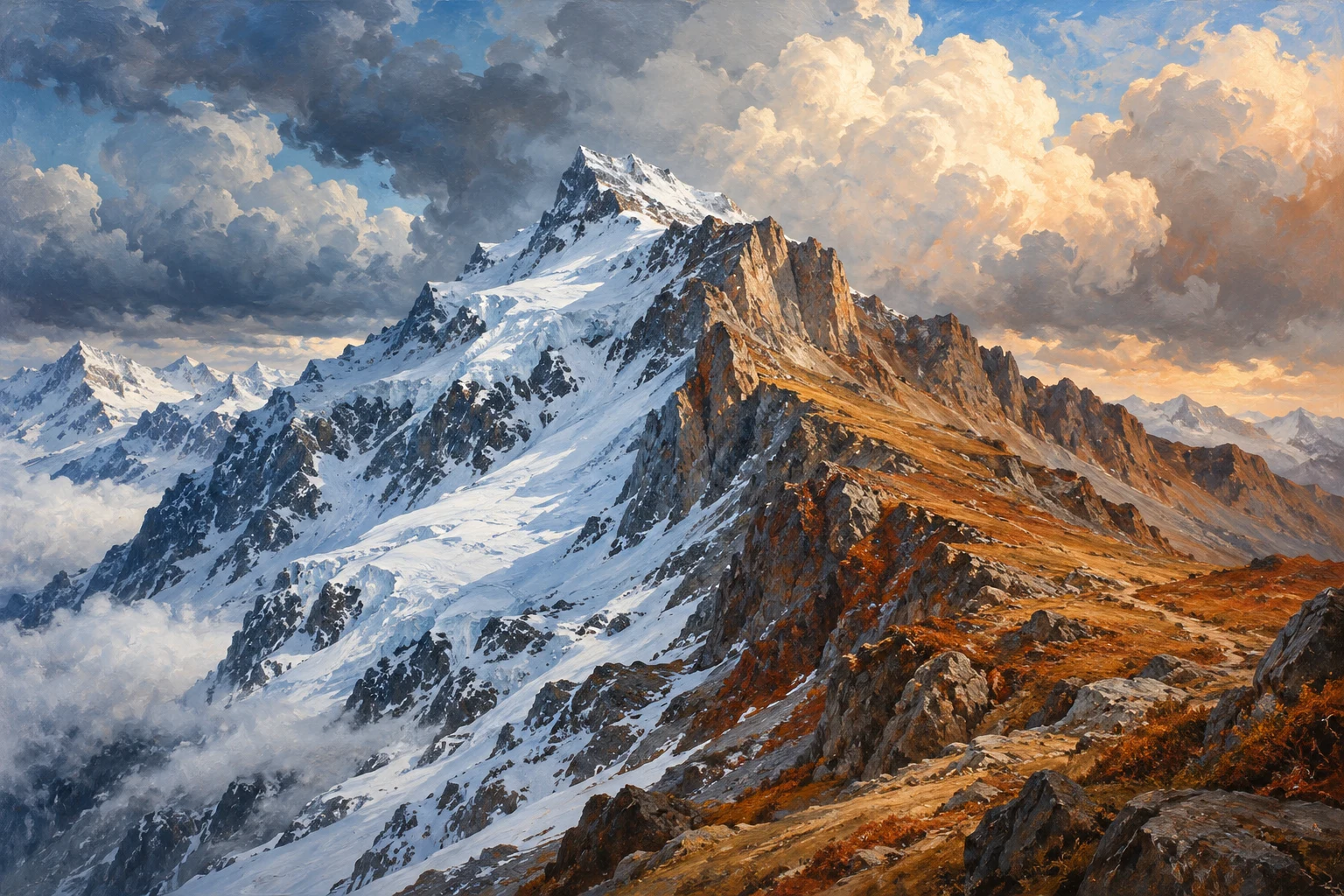Ilustración IA al óleo de una montaña imaginaria; no es una fotografía de un lugar real ni representa una medición de temperatura.