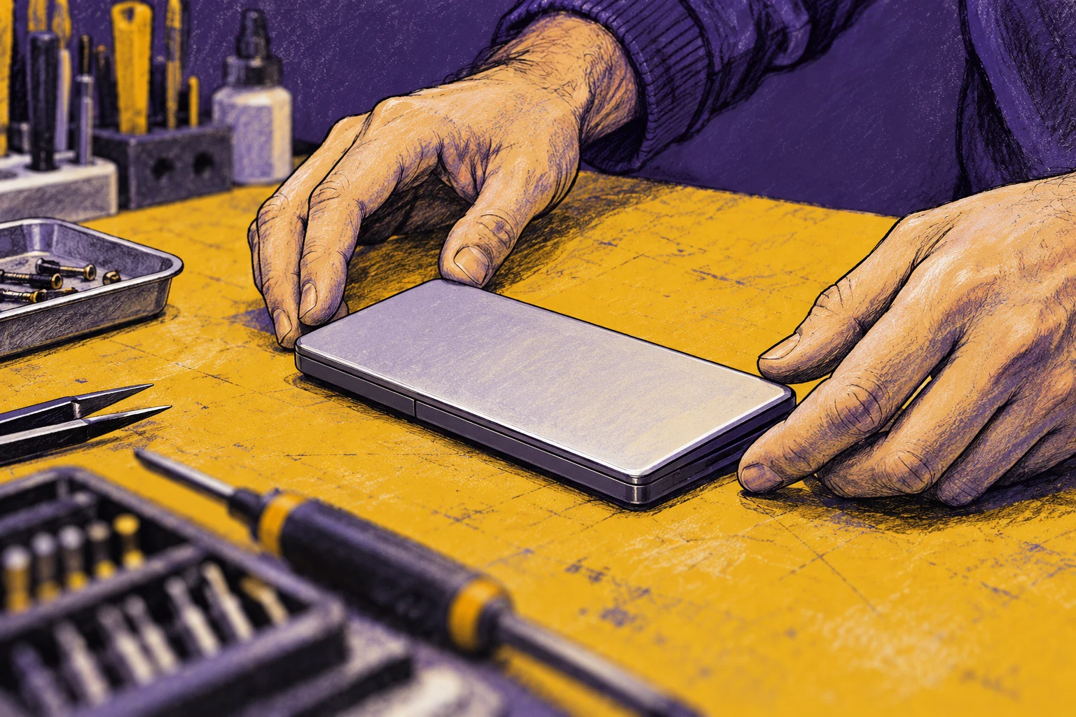 Ilustración IA de manos, dispositivo y taller ficticios; no muestra un Pixel probado, una reparación real o una garantía de protección de datos.