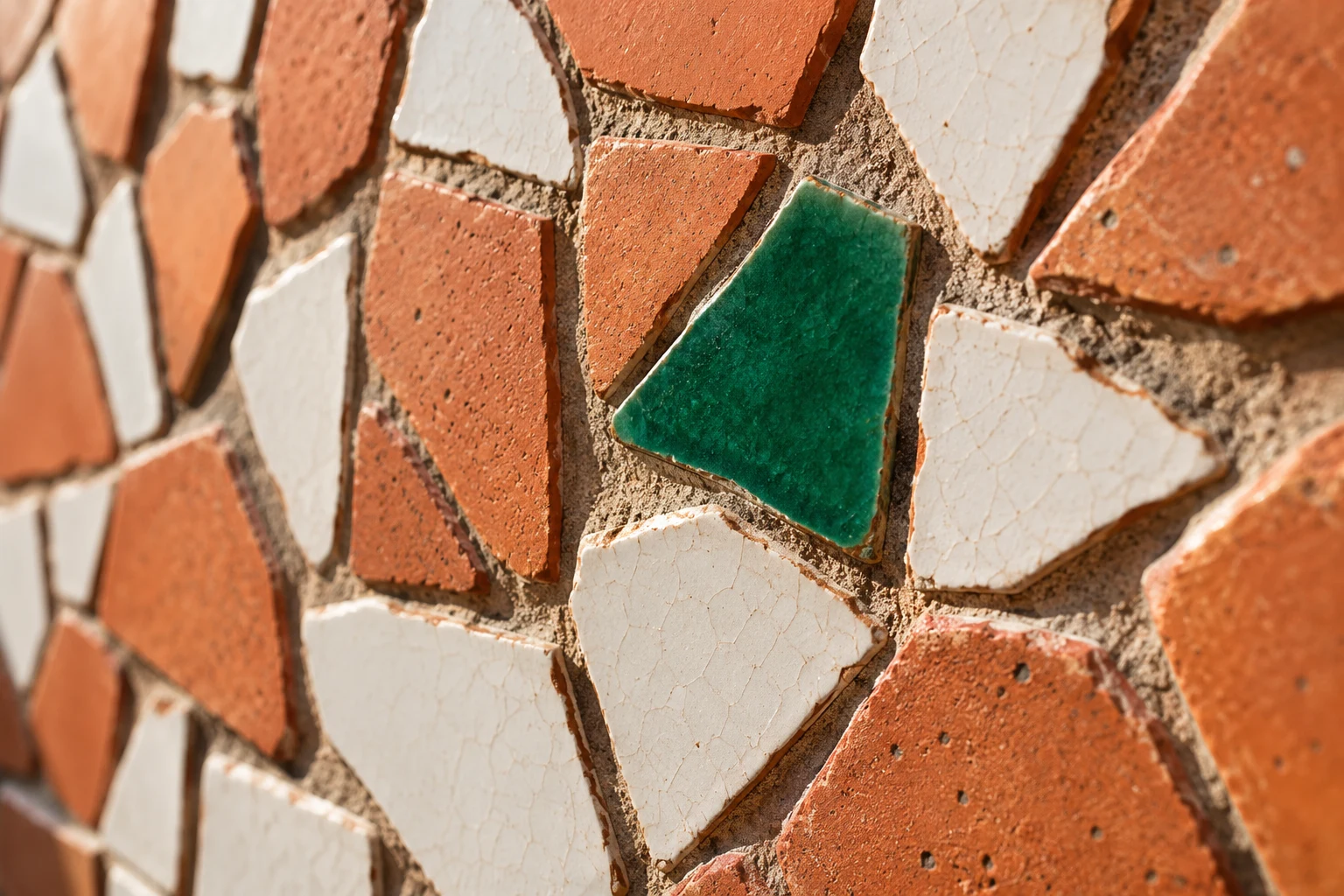 Ilustración IA de un mosaico cerámico inventado con una pieza de color diferente; no representa una salida real de IA, un ensayo ni una tasa de errores.