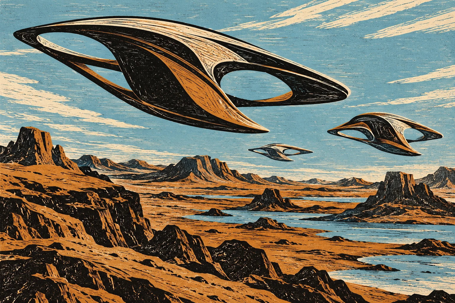 Grabado IA de formas aerodinámicas abstractas e inventadas sobre un paisaje ocre; no representa roamx-0201, un ensayo de NASA ni un vuelo en Marte.
