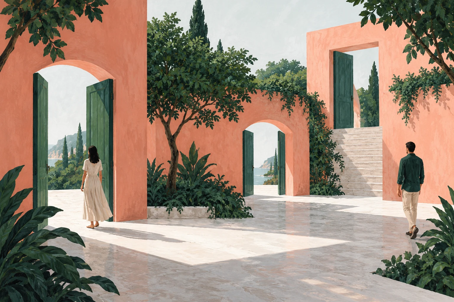 Escena de gouache IA de un patio y varias puertas ficticias abiertas; no representa cuentas, vídeos privados ni permisos comprobados.