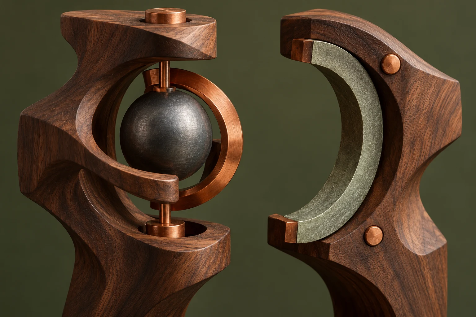 Fotografía ilustrativa IA de un mecanismo de madera imaginario con piezas separadas, sin herramienta real de IA, código ejecutado, interfaces o datos.