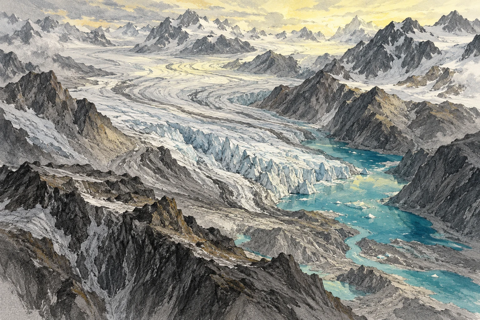 Valle glaciar imaginario a grafito y tinta; ilustración IA, no imagen del Karakoram.