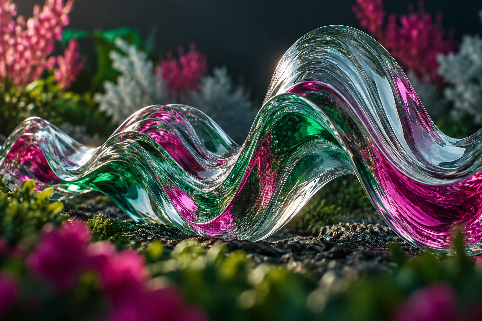 Escultura de vidrio ondulado imaginaria en un jardín; ilustración IA conceptual, sin señal, trayectoria ni experimento medidos.