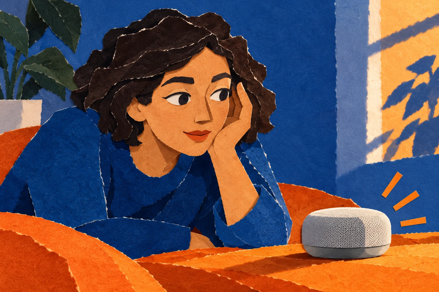 Collage de una persona ficticia escuchando un altavoz sin marca; ilustración IA sin interfaz ni prueba de un servicio real.
