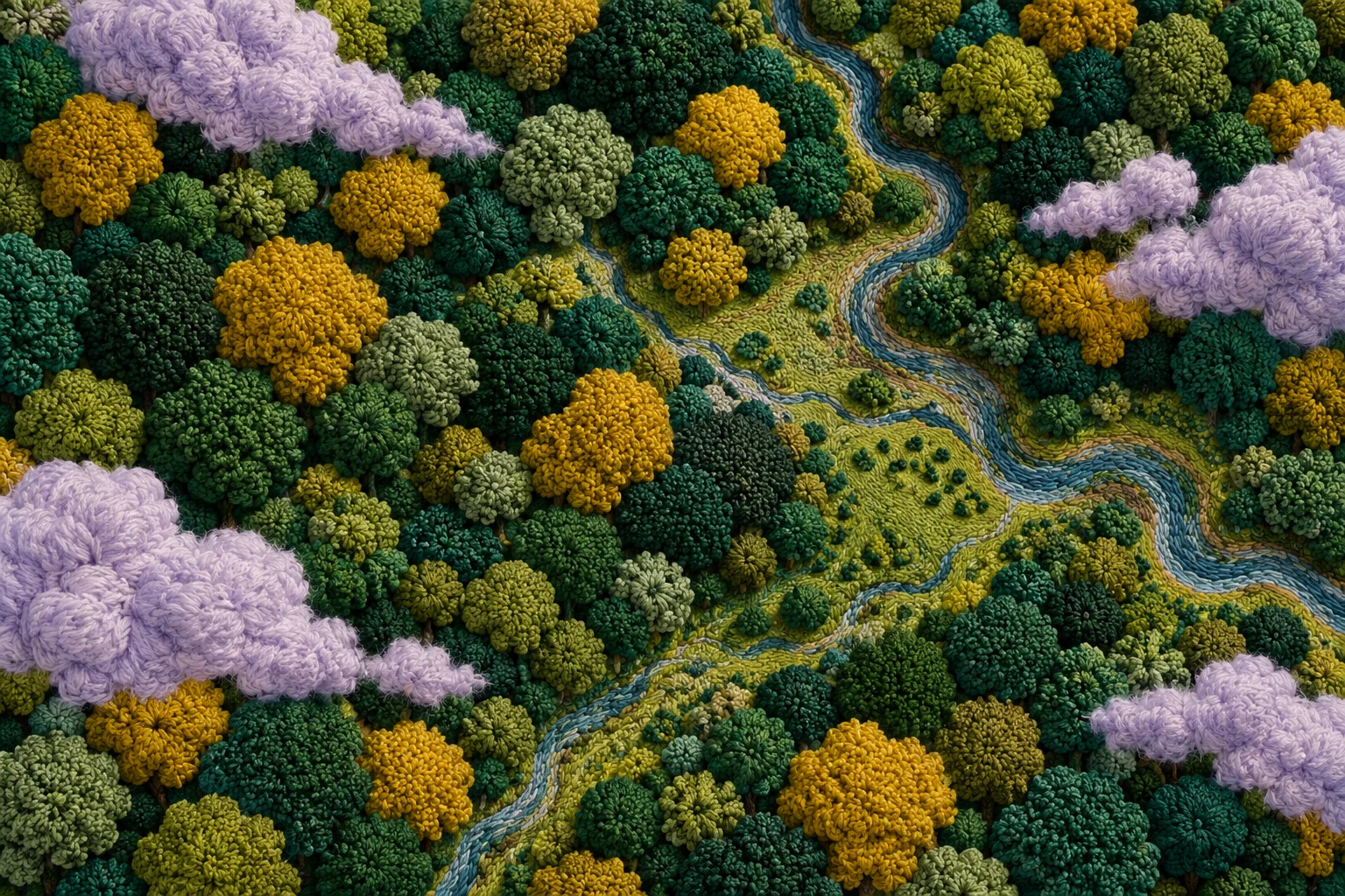 Bosque imaginario bordado con nubes de colores; ilustración IA sin imagen satelital, incendio, mapa ni detección térmica reales.